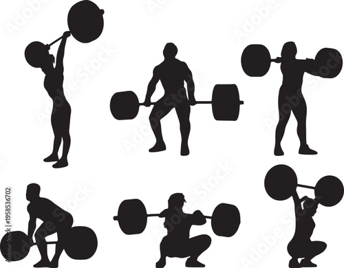 Weightlifter Silhouette Set: Six Black Outline Illustrations of People Lifting Weights in Various Positions