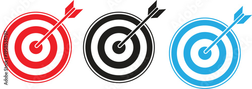 Set of three colorful target icons with arrows in red, black and blue for business goals strategy and success concepts.