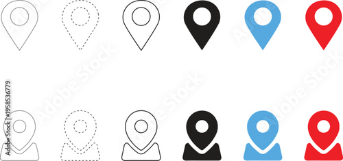 Set of map pin location icons in flat outline dashed and solid styles with red, blue and black colors for navigation and gps.