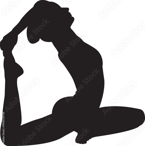 Woman in yoga pose silhouette, Black outline on white background, Fitness and wellness concept