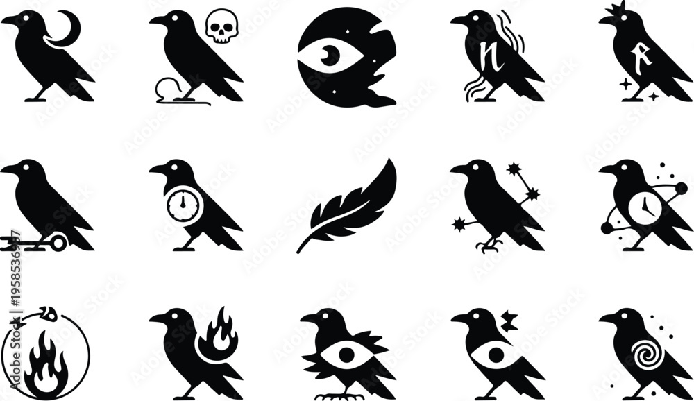 Fototapeta premium Raven Silhouette Icon Collection Set