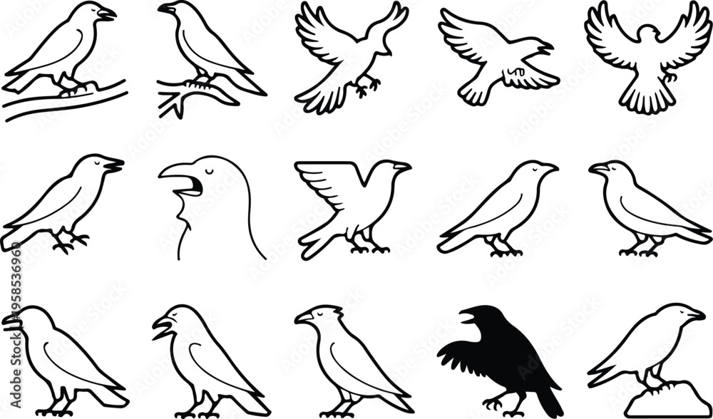 Fototapeta premium Raven Silhouette Icon Collection Set