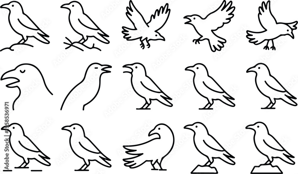 Fototapeta premium Raven Silhouette Icon Collection Set
