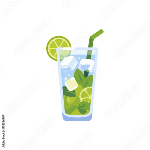 green mojito lemonade, citrus beverage, with mint and ice, colorful vector flat style illustration