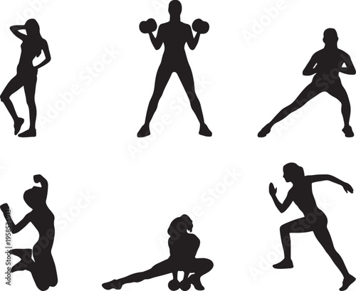 Silhouette of people exercising and working out in various fitness poses