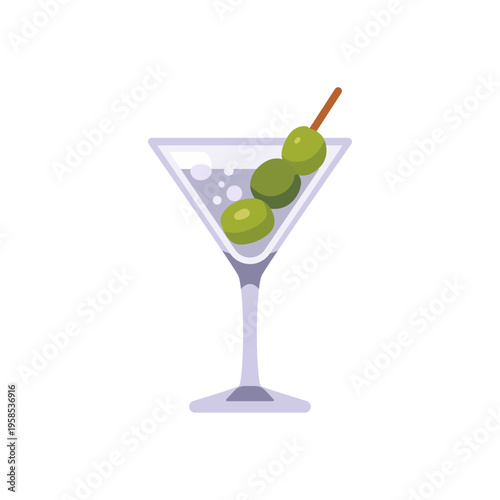 martini cocktail, alcoholic beverage, with olives, colorful vector flat style illustration