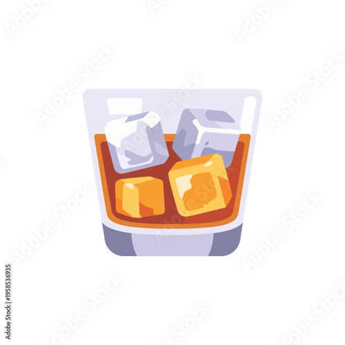 whiskey cocktail, alcoholic beverage, with ice, colorful vector flat style illustration