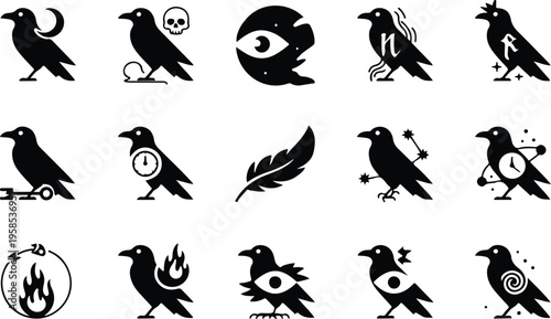 Raven Silhouette Icon Collection Set