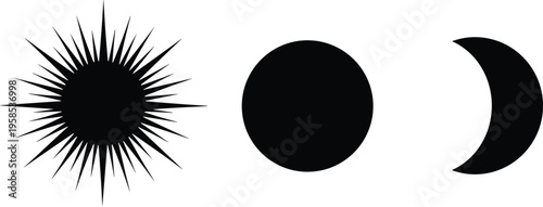 Minimalist black silhouette of sun with rays full moon and crescent moon icons for celestial astrology and astronomical graphic design