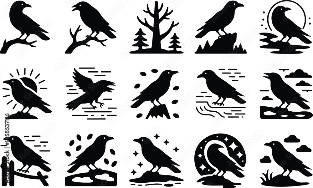 Fototapeta premium Raven Silhouette Icon Collection Set