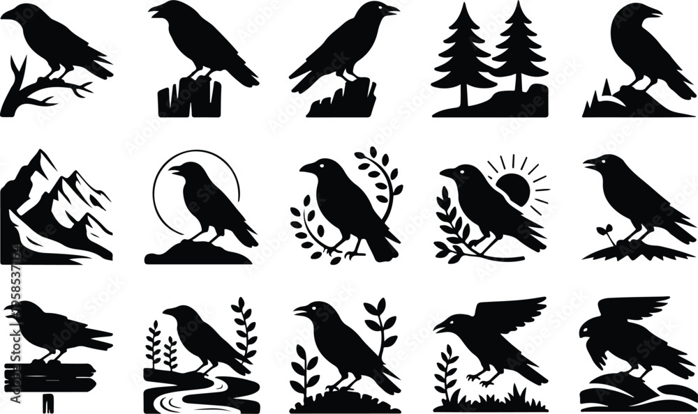 Fototapeta premium Raven Silhouette Icon Collection Set