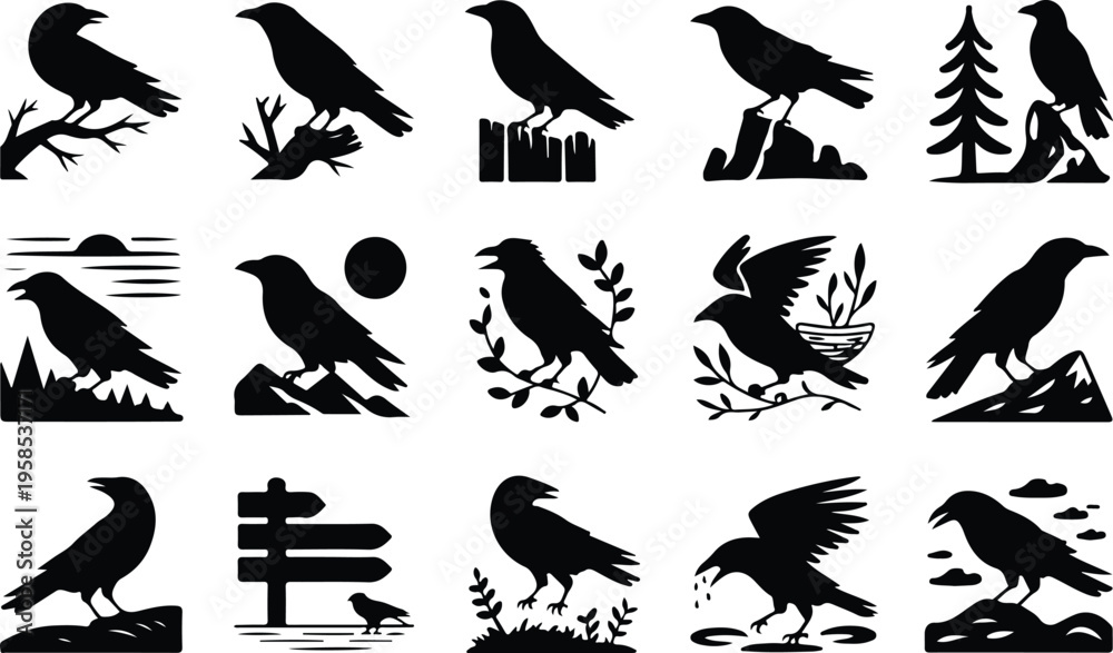 Fototapeta premium Raven Silhouette Icon Collection Set