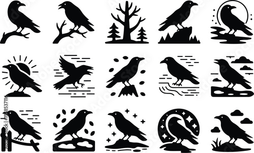 Raven Silhouette Icon Collection Set