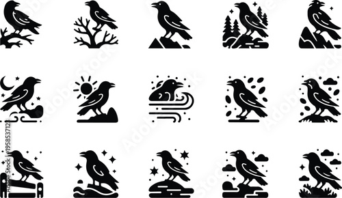 Raven Silhouette Icon Collection Set