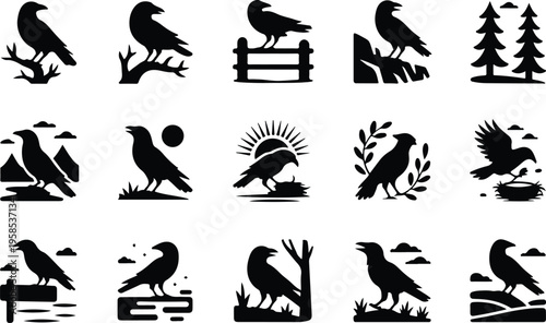 Raven Silhouette Icon Collection Set