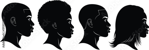 Set of black silhouettes of dogs in various poses, including sitting and standing, isolated on white background, perfect for pet-related designs.