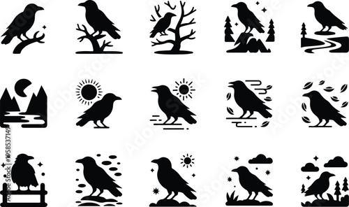 Raven Silhouette Icon Collection Set