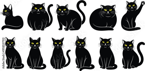 Set of black silhouettes of dogs in various poses, including sitting and standing, isolated on white background, perfect for pet-related designs.