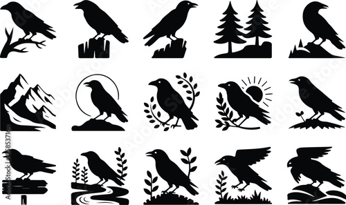 Raven Silhouette Icon Collection Set