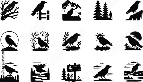 Raven Silhouette Icon Collection Set