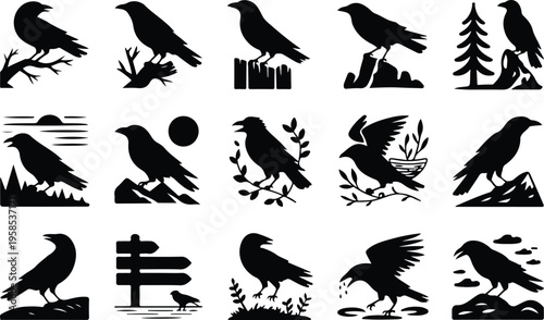 Raven Silhouette Icon Collection Set