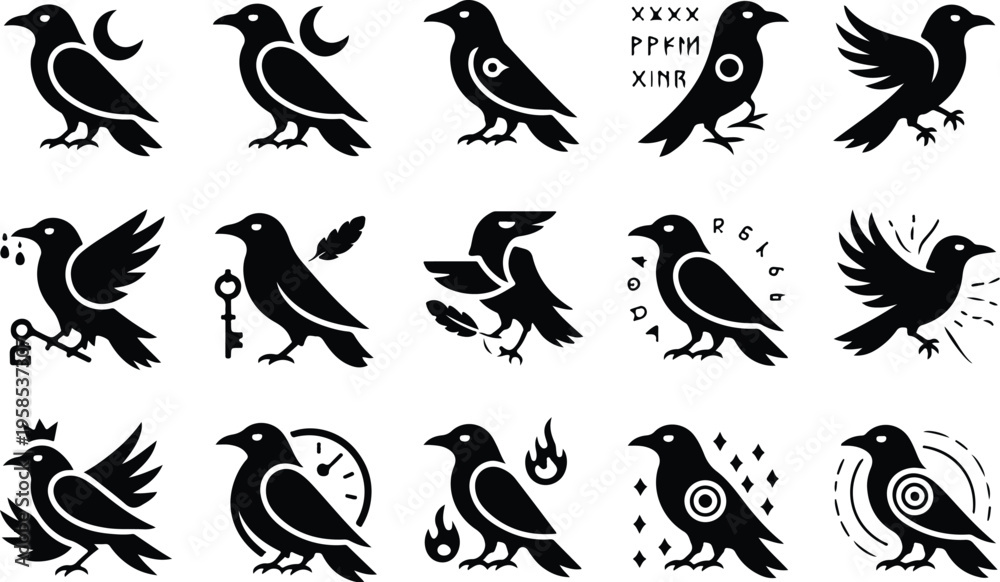 Fototapeta premium Raven Silhouette Icon Collection Set