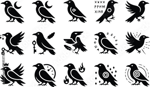 Raven Silhouette Icon Collection Set