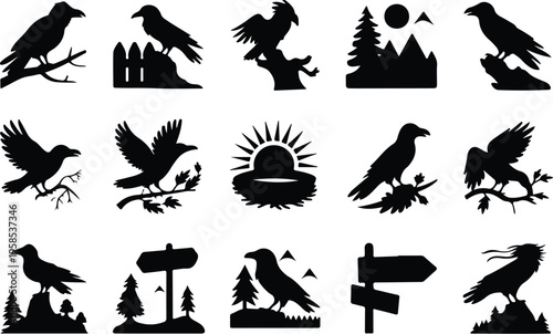 Raven Silhouette Icon Collection Set