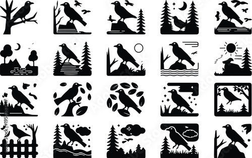 Raven Silhouette Icon Collection Set