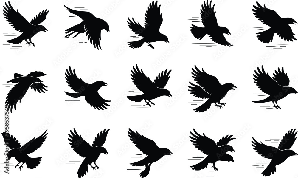 Fototapeta premium Raven Silhouette Icon Collection Set