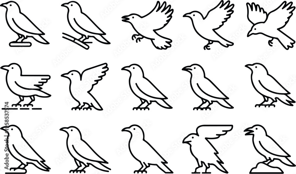 Fototapeta premium Raven Silhouette Icon Collection Set