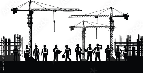 Silhouette of construction workers and industrial tower cranes working on a building site for engineering architecture and civil development projects