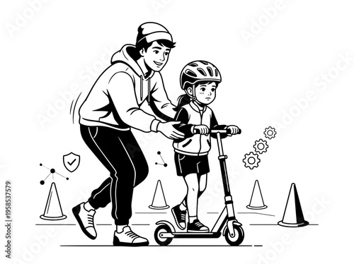 Brother helping sister ride scooter safely black and white