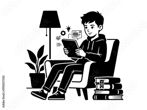 Preteen building reading skills on tablet black and white