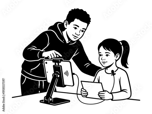Brother showing sister lesson on tablet black and white illustration