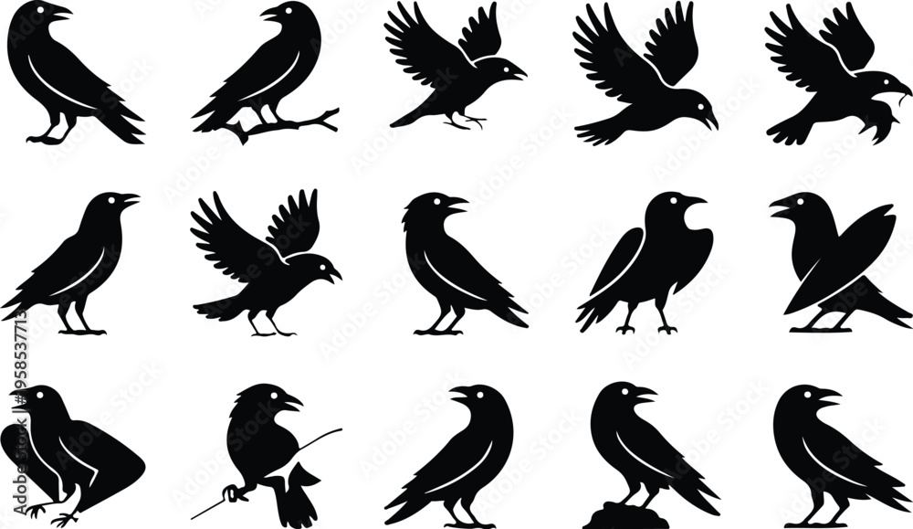 Fototapeta premium Raven Silhouette Icon Collection Set
