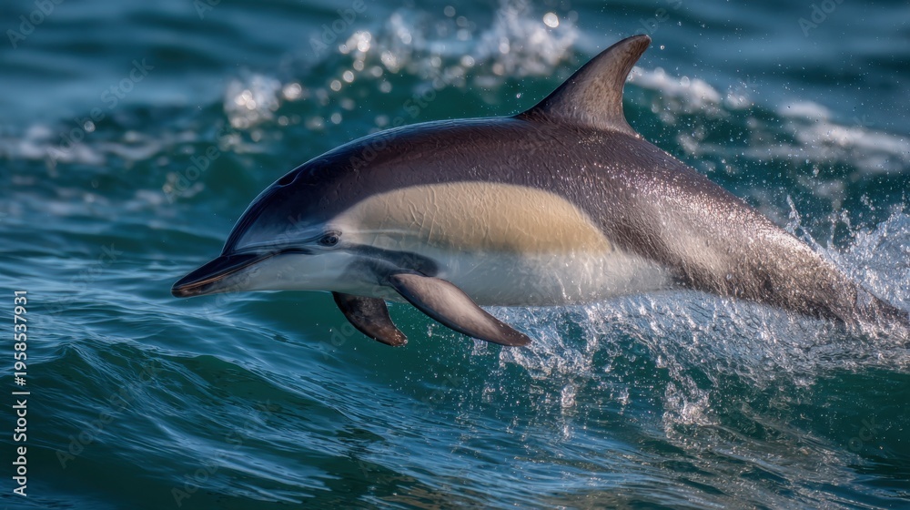 Obraz premium A graceful dolphin leaps from the ocean waves, showcasing its powerful aquatic motion and wild spirit.