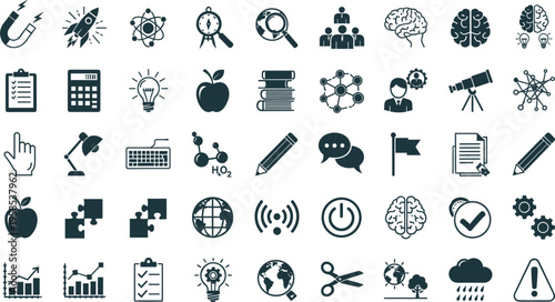 Education and science vector icon set with books, brain, atom, telescope and innovation symbols, knowledge collection isolated on white background.