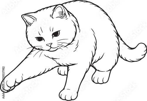 British Shorthair cat batting paw swipe playful pose black and white line art isolated