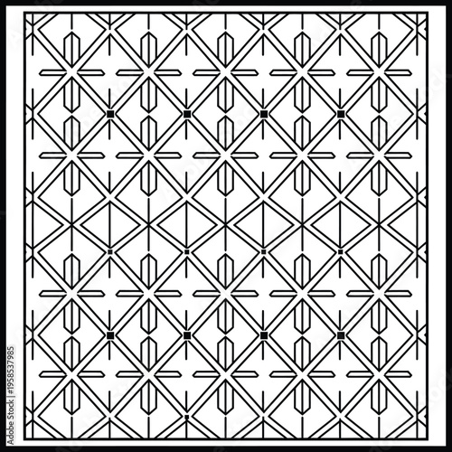 Black and white geometric pattern featuring repeating diamond shapes and linear floral motifs for fabric or wallpaper design.