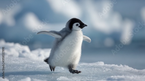 Adorable penguin chick waddling joyfully on a sun-dappled icy shore with wings outstretched for balance and exploration.