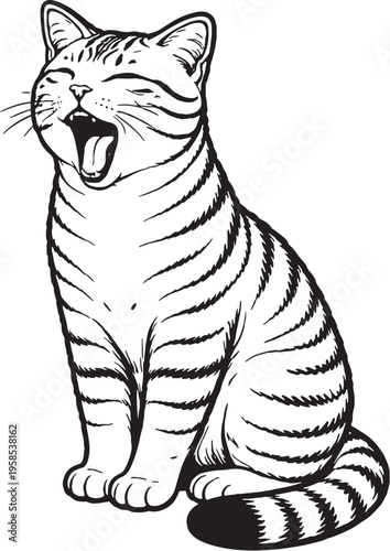 American Shorthair Cat Yawning Sitting Black and White Line Art Illustration