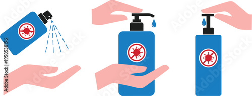 Hand Disinfection and Sanitizer Pumping Icons for Hygiene, Health, and Personal Care Products.