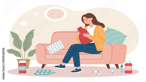 A woman sits on a couch with a red bag and medication around her