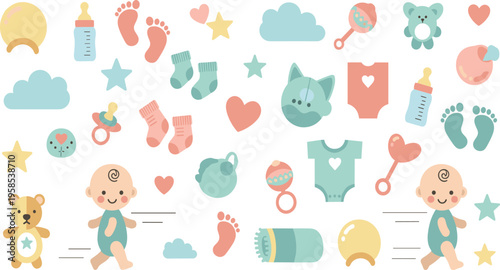 Cute baby essentials vector illustration set with toys, clothes, bottles, socks, and nursery accessories in soft pastel colors for kids design.