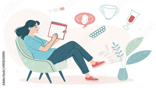 A woman sitting in a chair with a calendar and health related items around her