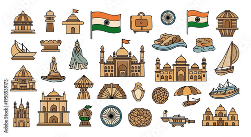 India Travel Landmarks Collection: Taj Mahal, Flags, Architecture, Culture Icons