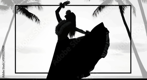Hawaiian Hula Dancer Silhouette at Sunset with Palm Trees