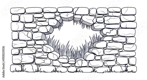 Hand-drawn stone wall with a hole, grass growing through