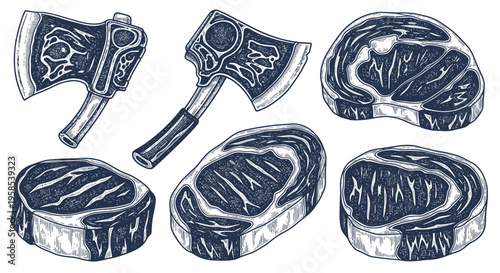 Hand-drawn Axes and Raw Meat Steaks, Butcher Shop or BBQ Concept